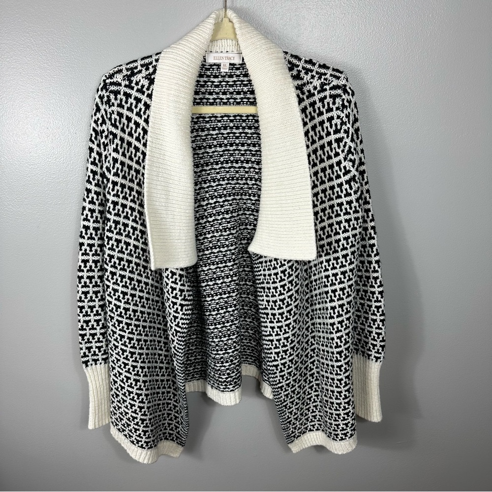 Ellen Tracy Black/White Wool Blend Waterfall Cardigan/Sweater Women’s Size XL